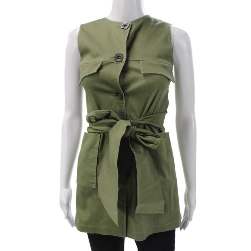 Shannon Mclean Womens Sleeveless Cotton Jacket Green Button Round Neck Size S